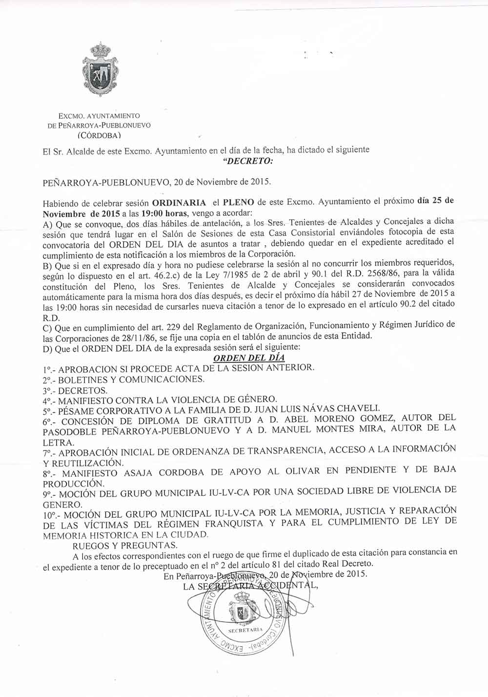 Pleno ordinario del mes de noviembre en Pe�arroya