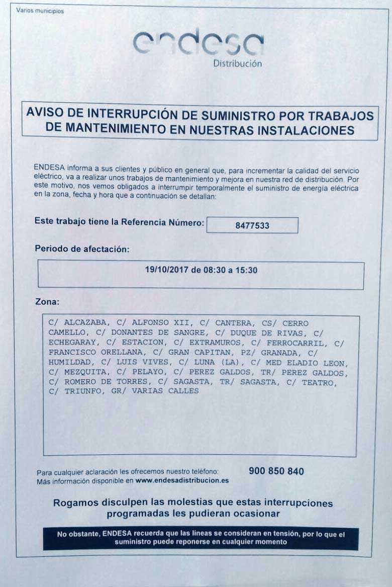 Aviso de corte del suministro el�ctrico