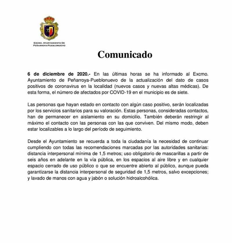 Bajan a 7 los positivos por Covid-Pe�arroya