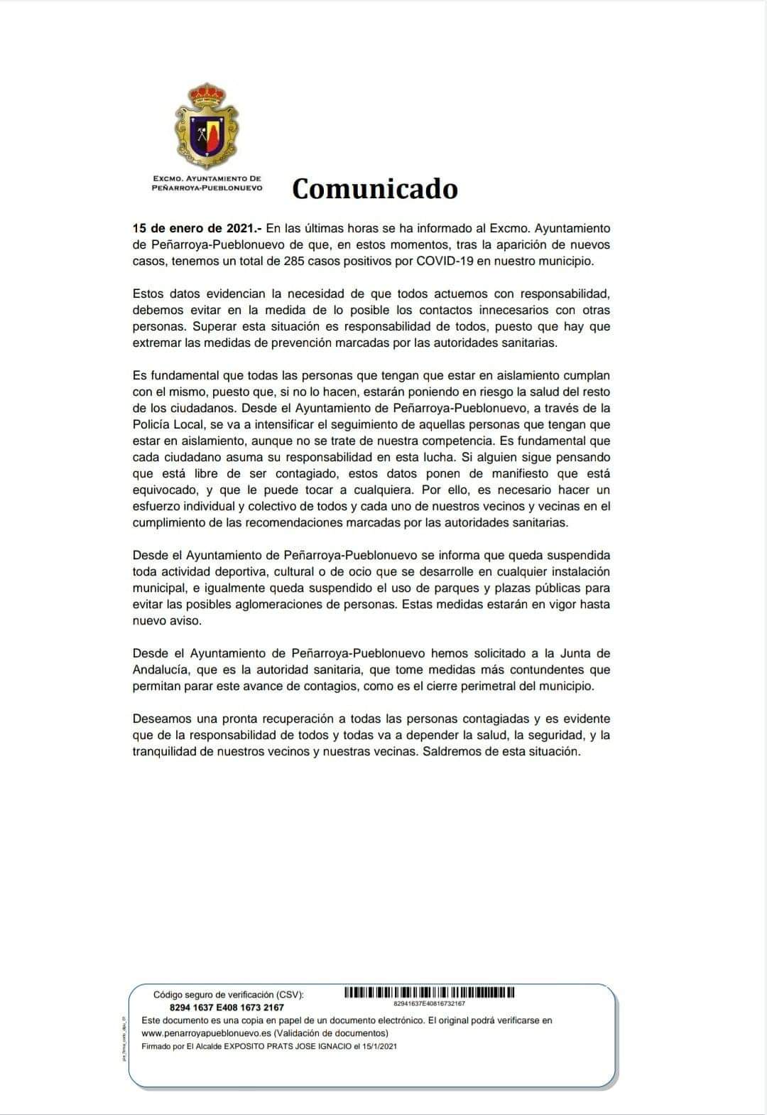 Los positivos por Covid-19 en Pe�arroya suben a 285 casos